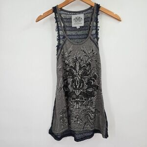 Maurices Premium Womens XS Tank Top Gray Rhinestone Graphic Crochet Back Lace